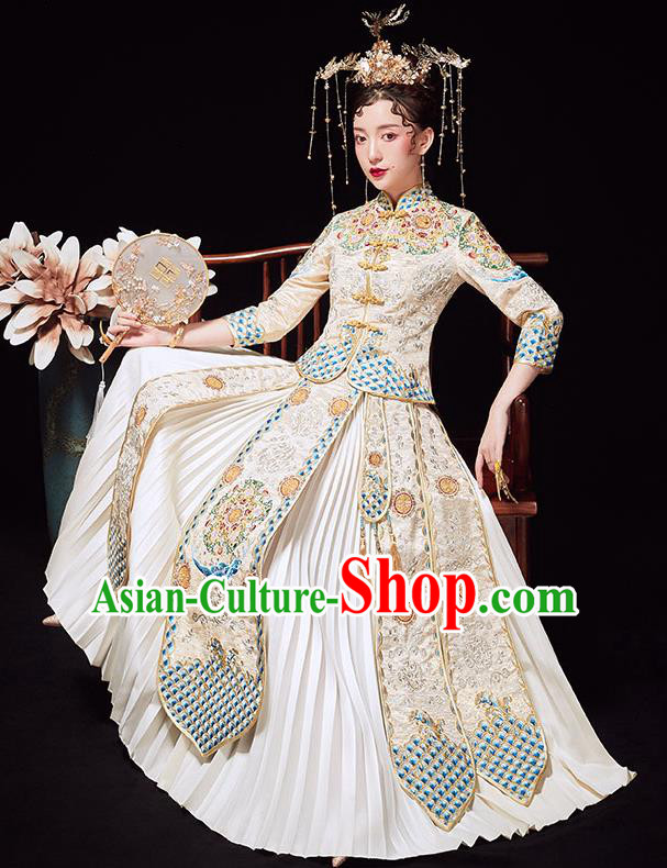 Chinese Ancient Wedding Embroidered Light Golden Blouse and Dress Traditional Bride Xiu He Suit Costumes for Women