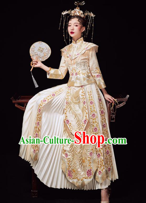 Chinese Ancient Wedding Embroidered Phoenix Peony Golden Blouse and Dress Traditional Bride Xiu He Suit Costumes for Women