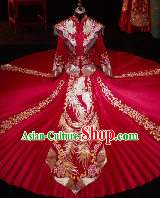 Chinese Ancient Wedding Embroidered Phoenix Peony Red Blouse and Dress Traditional Bride Xiu He Suit Costumes for Women
