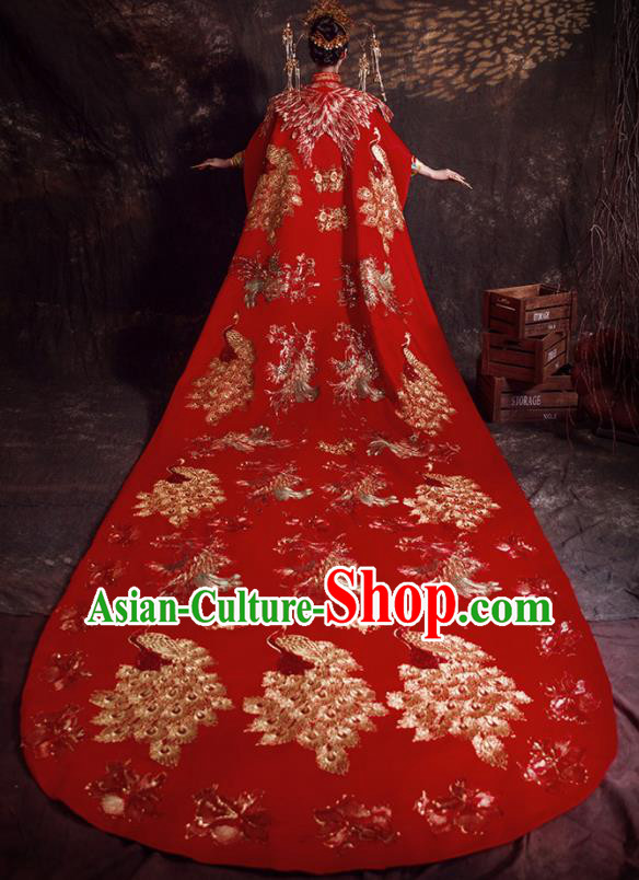 Chinese Ancient Bride Embroidered Peacock Trailing Cape Wedding Costumes Traditional Red Bottom Drawer for Women