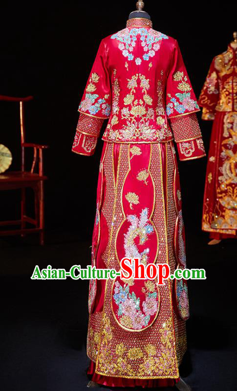 Chinese Ancient Bride Embroidered Diamante Phoenix Xiu He Suit Wedding Costumes Traditional Red Bottom Drawer for Women