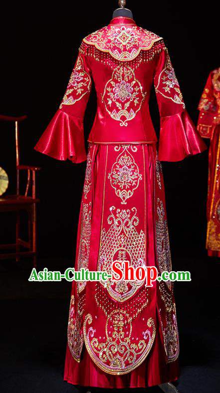 Chinese Ancient Bride Embroidered Diamante Xiu He Suit Wedding Costumes Traditional Red Bottom Drawer for Women