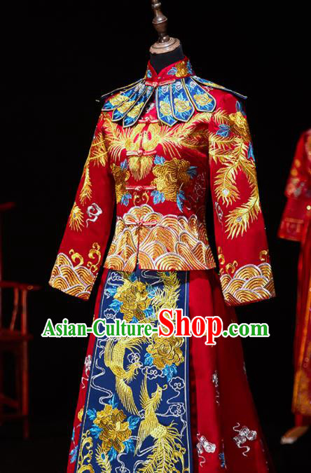 Chinese Ancient Bride Embroidered Peony Blouse and Dress Xiu He Suit Wedding Costumes Traditional Red Bottom Drawer for Women