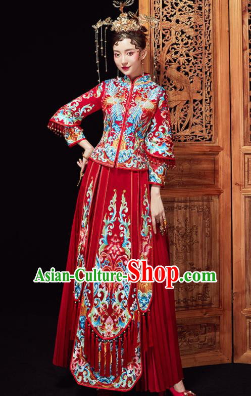 Chinese Ancient Wedding Embroidered Flowers Red Blouse and Dress Traditional Bride Xiu He Suit Costumes for Women