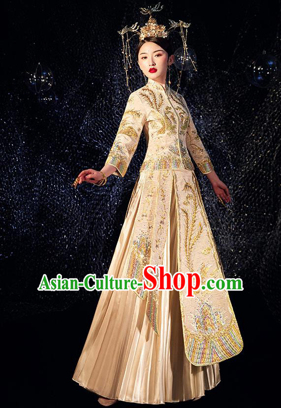 Chinese Ancient Wedding Embroidered Phoenix Golden Blouse and Dress Traditional Bride Xiu He Suit Costumes for Women