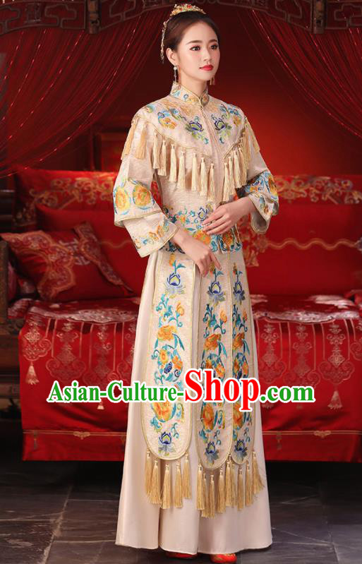 Chinese Ancient Wedding Embroidered Peony Champagne Blouse and Dress Traditional Bride Xiu He Suit Costumes for Women