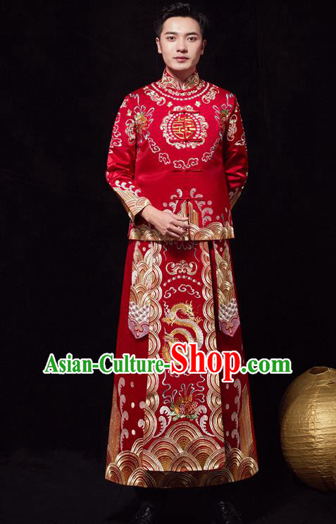 Chinese Ancient Bridegroom Embroidered Dragon Peony Red Mandarin Jacket and Gown Traditional Wedding Tang Suit Costumes for Men