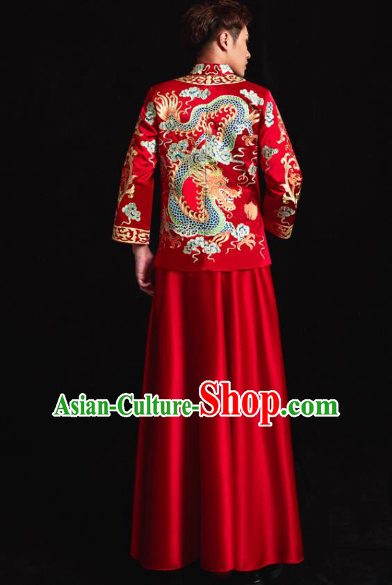 Chinese Ancient Bridegroom Embroidered Dragon Kylin Red Mandarin Jacket and Gown Traditional Wedding Tang Suit Costumes for Men