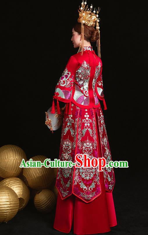 Chinese Ancient Wedding Embroidered Red Blouse and Dress Traditional Bride Xiu He Suit Costumes for Women