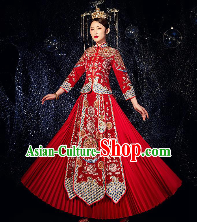 Chinese Ancient Wedding Embroidered Drilling Flowers Red Blouse and Dress Traditional Bride Xiu He Suit Costumes for Women
