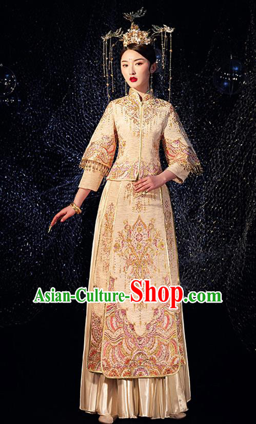 Chinese Ancient Wedding Embroidered Diamante Golden Blouse and Dress Traditional Bride Xiu He Suit Costumes for Women