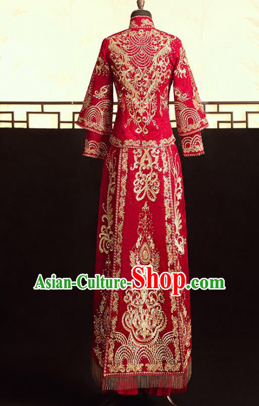 Chinese Ancient Bride Embroidered Blouse and Dress Diamante Xiu He Suit Wedding Costumes Traditional Red Bottom Drawer for Women