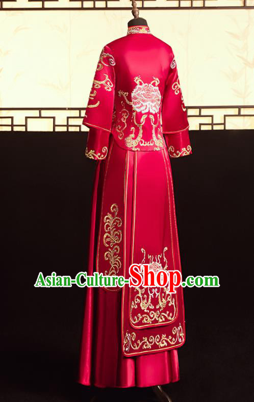 Chinese Ancient Bride Embroidered Peony Blouse and Dress Diamante Xiu He Suit Wedding Costumes Traditional Red Bottom Drawer for Women
