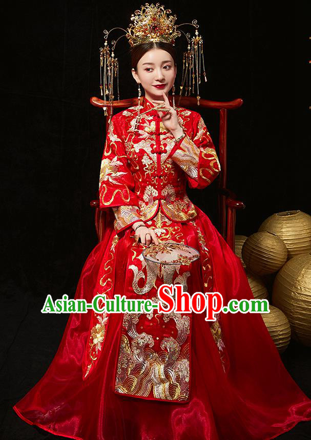 Chinese Ancient Bride Embroidered Carps Red Blouse and Dress Diamante Traditional Xiu He Suit Wedding Costumes for Women