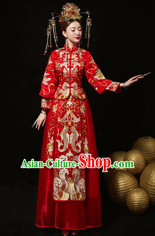 Chinese Ancient Bride Embroidered Carps Red Blouse and Dress Diamante Traditional Xiu He Suit Wedding Costumes for Women