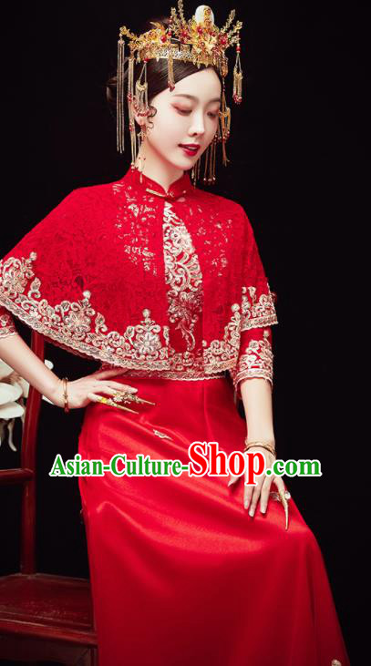 Chinese Ancient Bride Embroidered Red Veil Blouse and Dress Traditional Xiu He Suit Wedding Costumes for Women