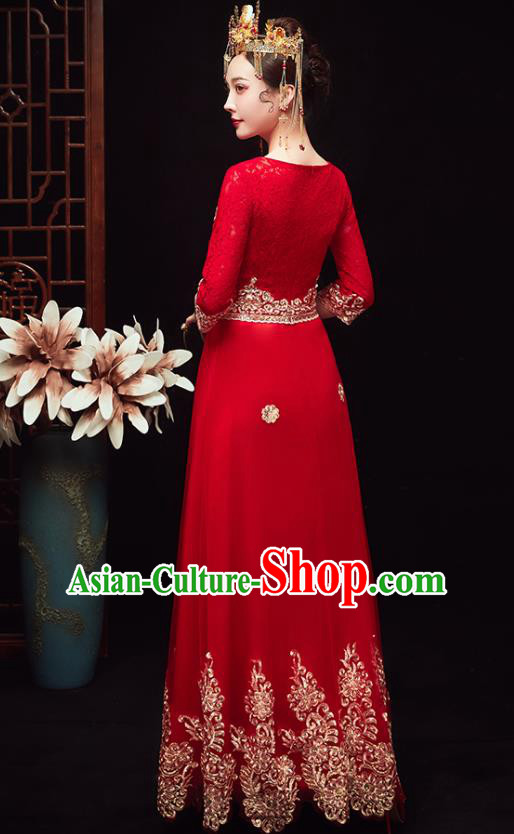 Chinese Ancient Bride Embroidered Red Veil Blouse and Dress Traditional Xiu He Suit Wedding Costumes for Women