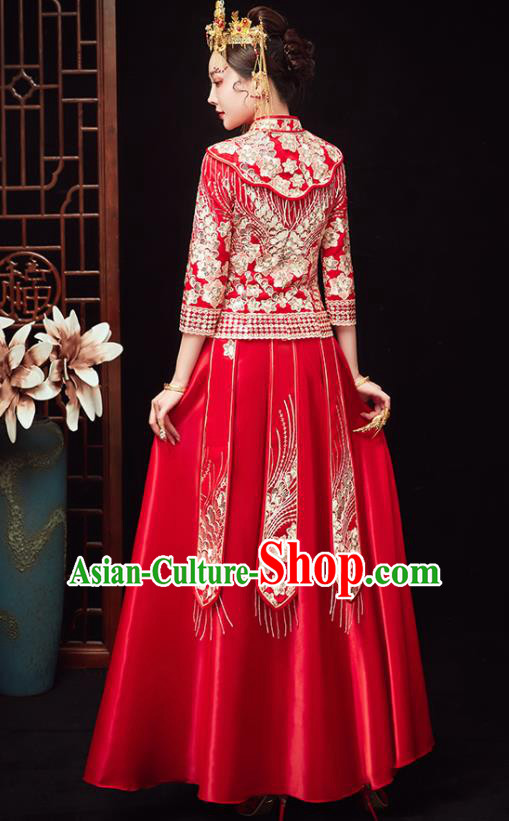 Chinese Ancient Bride Embroidered Flowers Red Blouse and Dress Traditional Xiu He Suit Wedding Costumes for Women