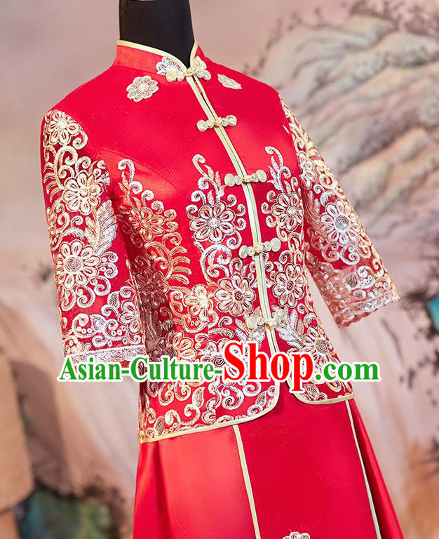 Chinese Ancient Bride Embroidered Red Blouse and Dress Traditional Xiu He Suit Wedding Costumes for Women