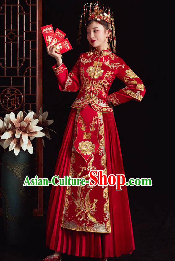 Chinese Ancient Bride Embroidered Phoenix Red Dress Traditional Xiu He Suit Wedding Costumes for Women