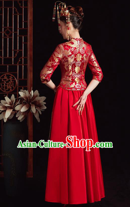 Chinese Ancient Bride Embroidered Dragon Phoenix Red Dress Traditional Xiu He Suit Wedding Costumes for Women
