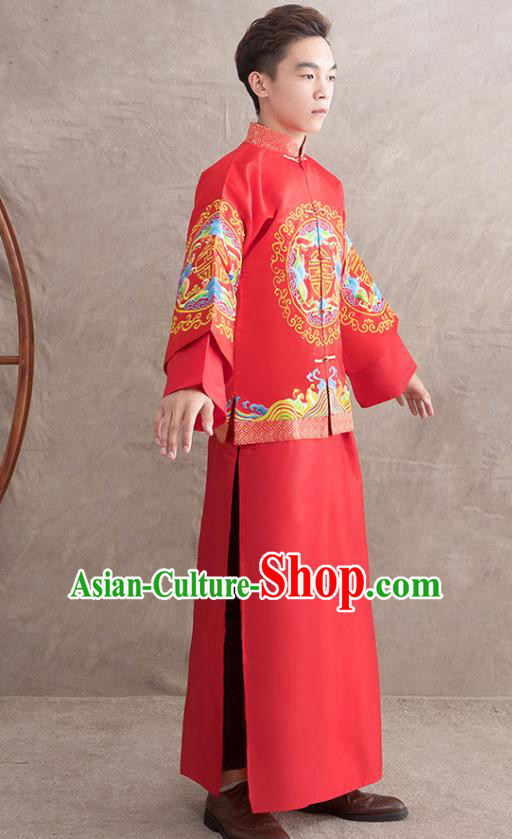Chinese Ancient Bridegroom Embroidered Peony Red Mandarin Jacket and Gown Traditional Wedding Tang Suit Costumes for Men