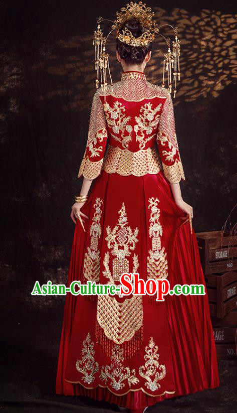 Chinese Ancient Bride Embroidered Diamante Red Xiu He Suit Wedding Costumes Blouse and Dress Traditional Bottom Drawer for Women