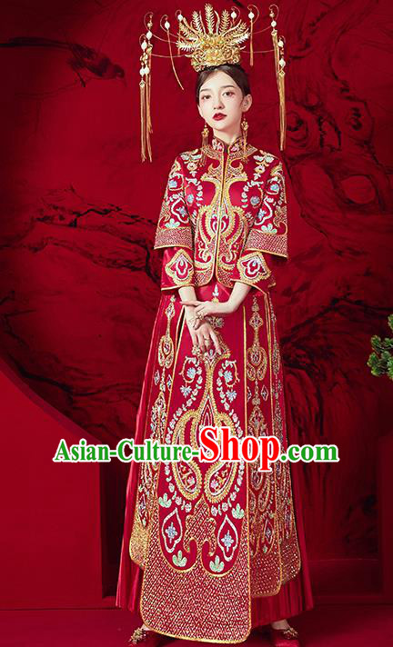 Chinese Ancient Bride Embroidered Red Blouse and Dress Traditional Red Xiu He Suit Wedding Costumes for Women