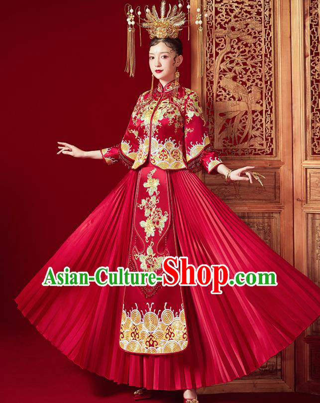 Chinese Ancient Bride Embroidered Peony Red Blouse and Dress Traditional Red Xiu He Suit Wedding Costumes for Women