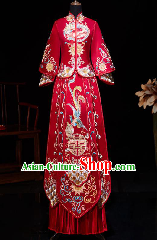 Chinese Ancient Bride Embroidered Phoenix Peony Red Blouse and Dress Traditional Red Xiu He Suit Wedding Costumes for Women