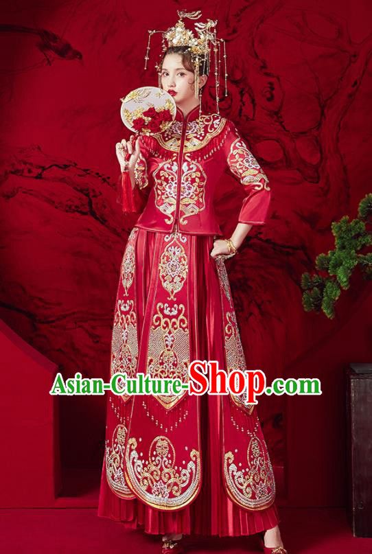 Chinese Ancient Embroidered Peony Red Blouse and Dress Traditional Bride Red Xiu He Suit Wedding Costumes for Women