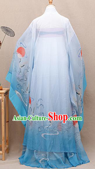 Chinese Traditional Tang Dynasty Princess Printing Blue Hanfu Dress Ancient Peri Goddess Costumes for Women