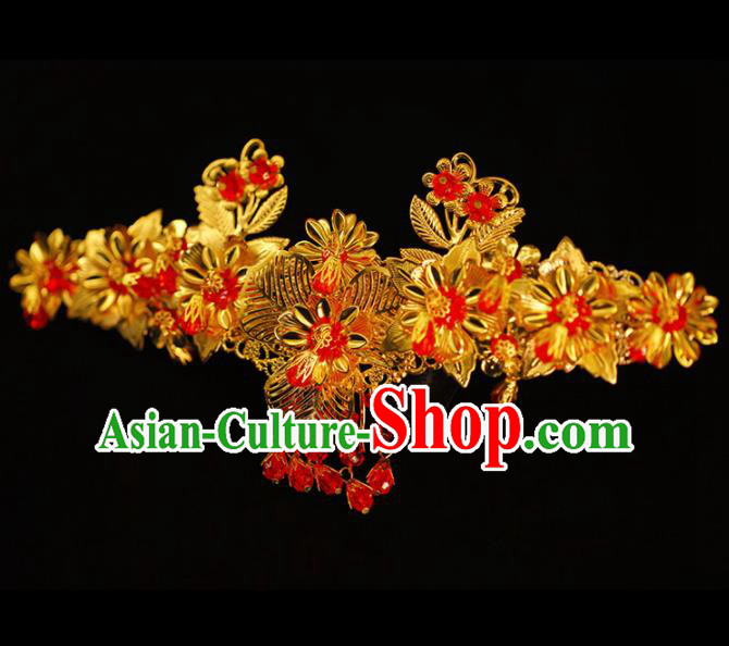 Chinese Ancient Bride Golden Hair Comb Hairpins Traditional Wedding Hair Accessories for Women