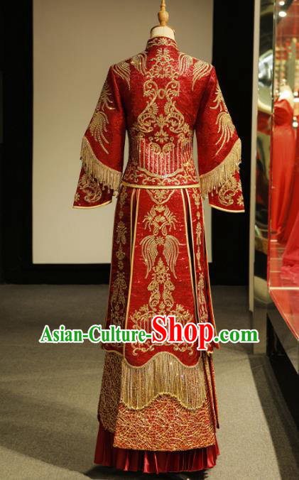 Chinese Ancient Wedding Embroidered Diamante Red Blouse and Dress Traditional Bride Xiu He Suit Costumes for Women