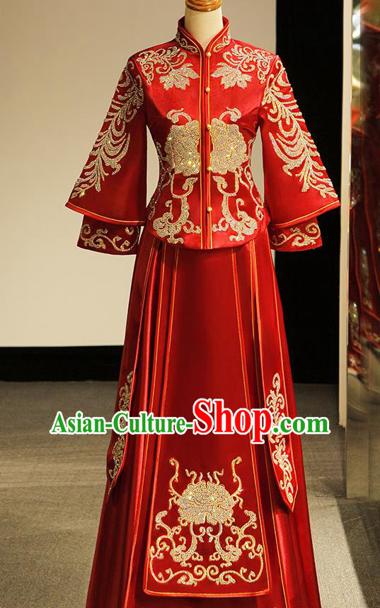 Chinese Ancient Wedding Embroidered Diamante Peony Red Blouse and Dress Traditional Bride Xiu He Suit Costumes for Women