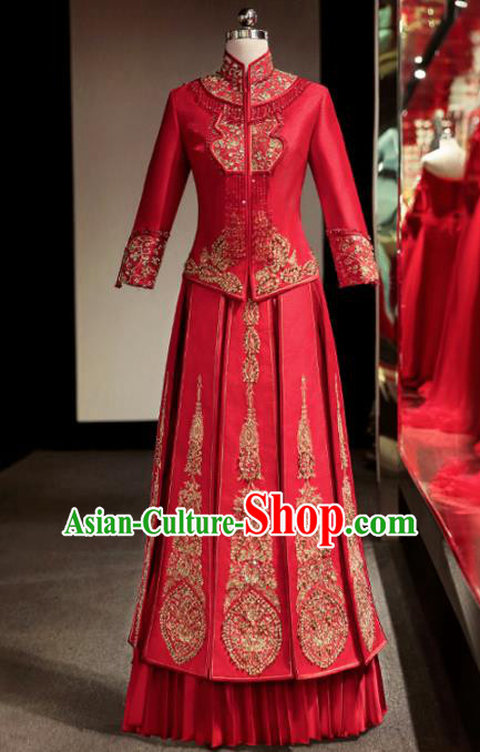 Chinese Ancient Wedding Embroidered Beads Red Blouse and Dress Traditional Bride Xiu He Suit Costumes for Women