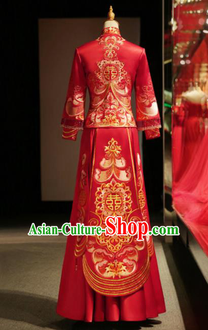 Chinese Ancient Embroidered Wedding Red Blouse and Dress Traditional Bride Xiu He Suit Costumes for Women