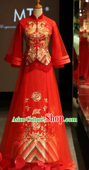 Chinese Ancient Embroidered Peony Wedding Red Blouse and Dress Traditional Bride Xiu He Suit Costumes for Women