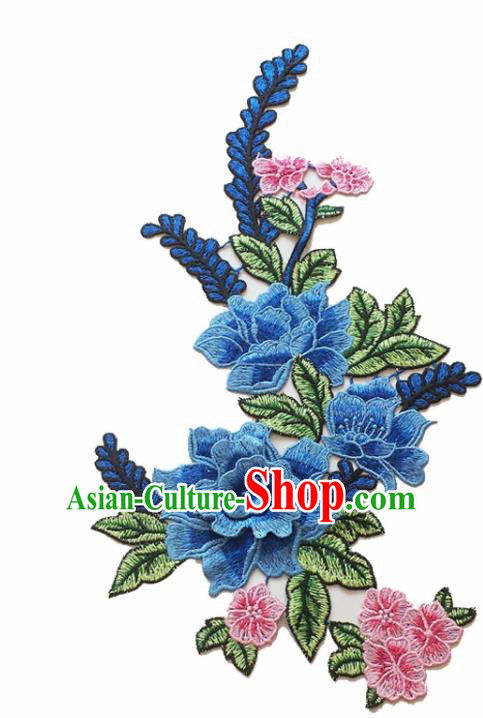 Chinese Traditional Embroidery Blue Peony Applique Embroidered Patches Embroidering Cloth Accessories