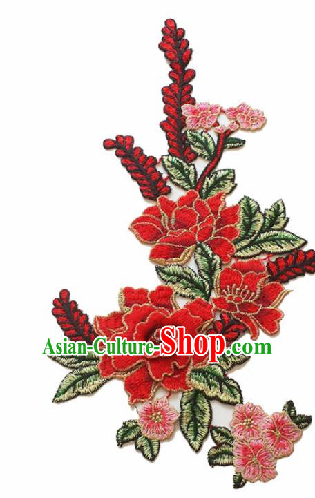 Chinese Traditional Embroidery Red Peony Applique Embroidered Patches Embroidering Cloth Accessories