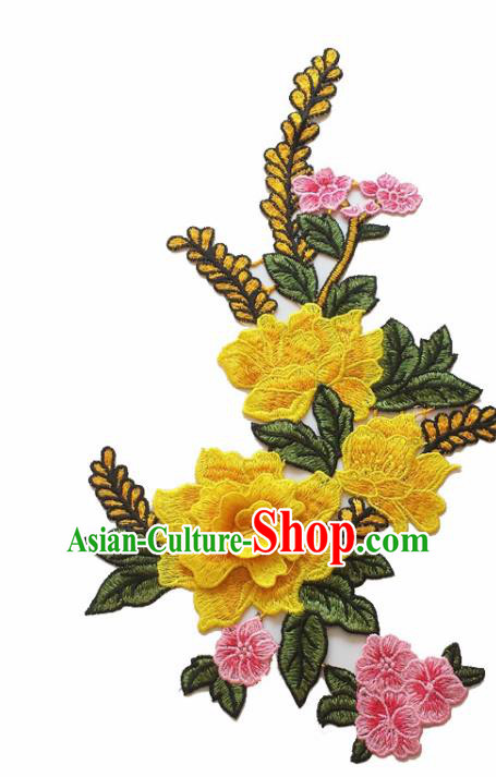 Chinese Traditional Embroidery Yellow Peony Applique Embroidered Patches Embroidering Cloth Accessories