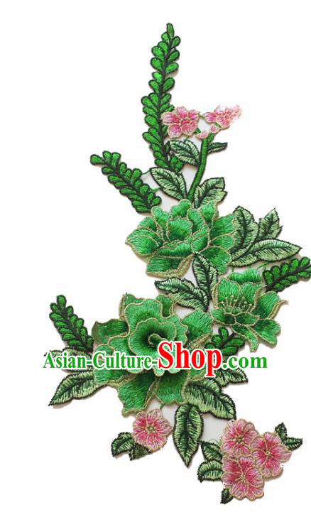 Chinese Traditional Embroidery Green Peony Applique Embroidered Patches Embroidering Cloth Accessories