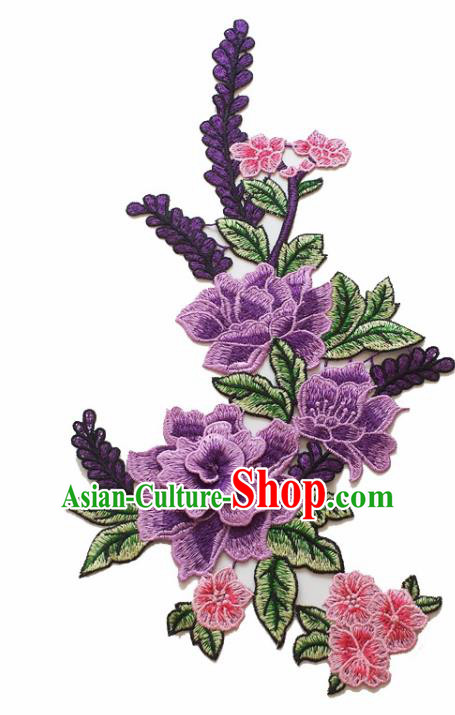 Chinese Traditional Embroidery Purple Peony Applique Embroidered Patches Embroidering Cloth Accessories