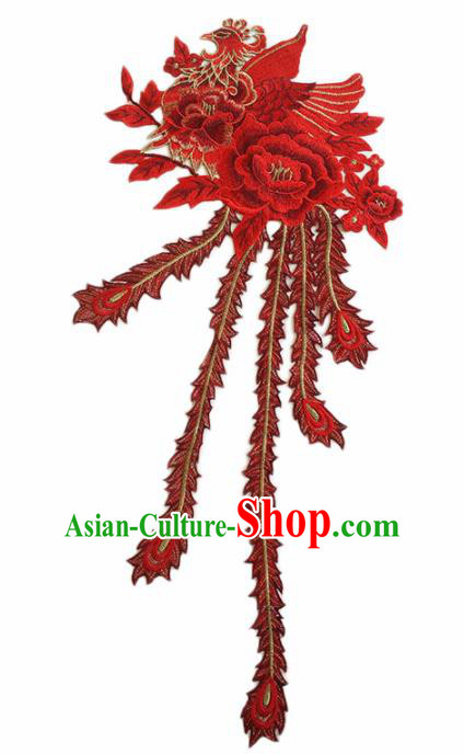 Chinese Traditional Embroidery Red Phoenix Peony Applique Embroidered Patches Embroidering Cloth Accessories