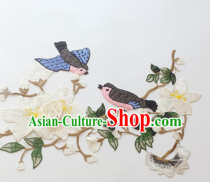 Chinese Traditional Embroidery Birds White Mangnolia Applique Embroidered Patches Embroidering Cloth Accessories