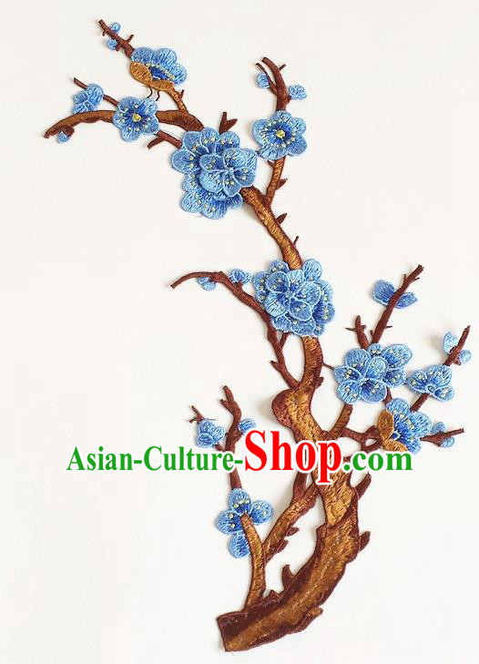 Chinese Traditional Embroidery Blue Plum Branch Applique Embroidered Patches Embroidering Cloth Accessories