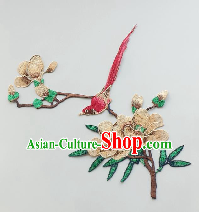 Chinese Traditional Embroidery Brown Yulan Magnolia Bird Applique Embroidered Patches Embroidering Cloth Accessories