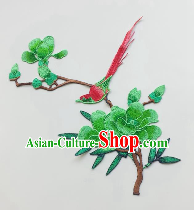 Chinese Traditional Embroidery Green Yulan Magnolia Bird Applique Embroidered Patches Embroidering Cloth Accessories