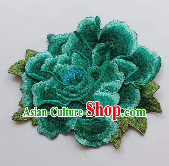 Chinese Traditional Embroidery Peacock Green Peony Flowers Applique Embroidered Patches Embroidering Cloth Accessories
