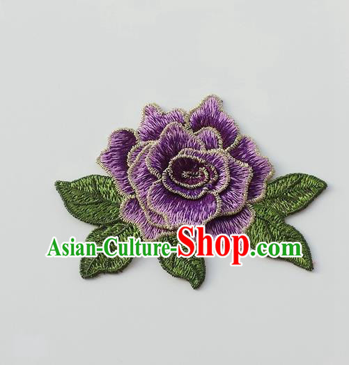 Chinese Traditional Purple Embroidery Peony Applique Embroidered Patches Embroidering Cloth Accessories